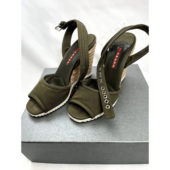 Prada Open Toe Wedge Sandals Olive Green EU 38 US 7.5 Espadrille Platform - Picture 2 of 11
